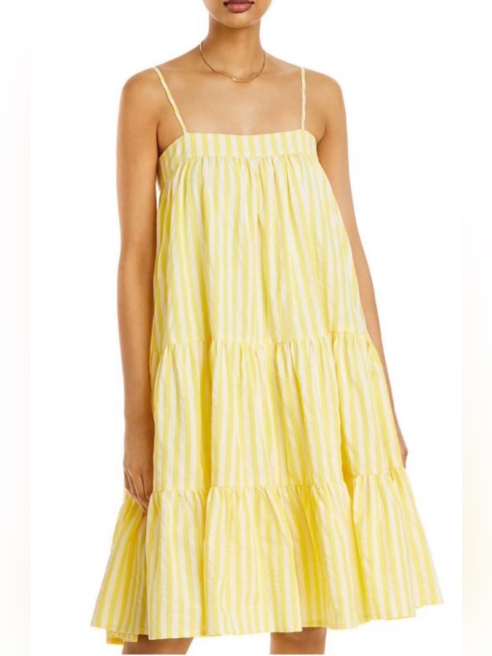 Aqua Yellow and White Striped Spaghetti‑Strap Tiered Dress, S
